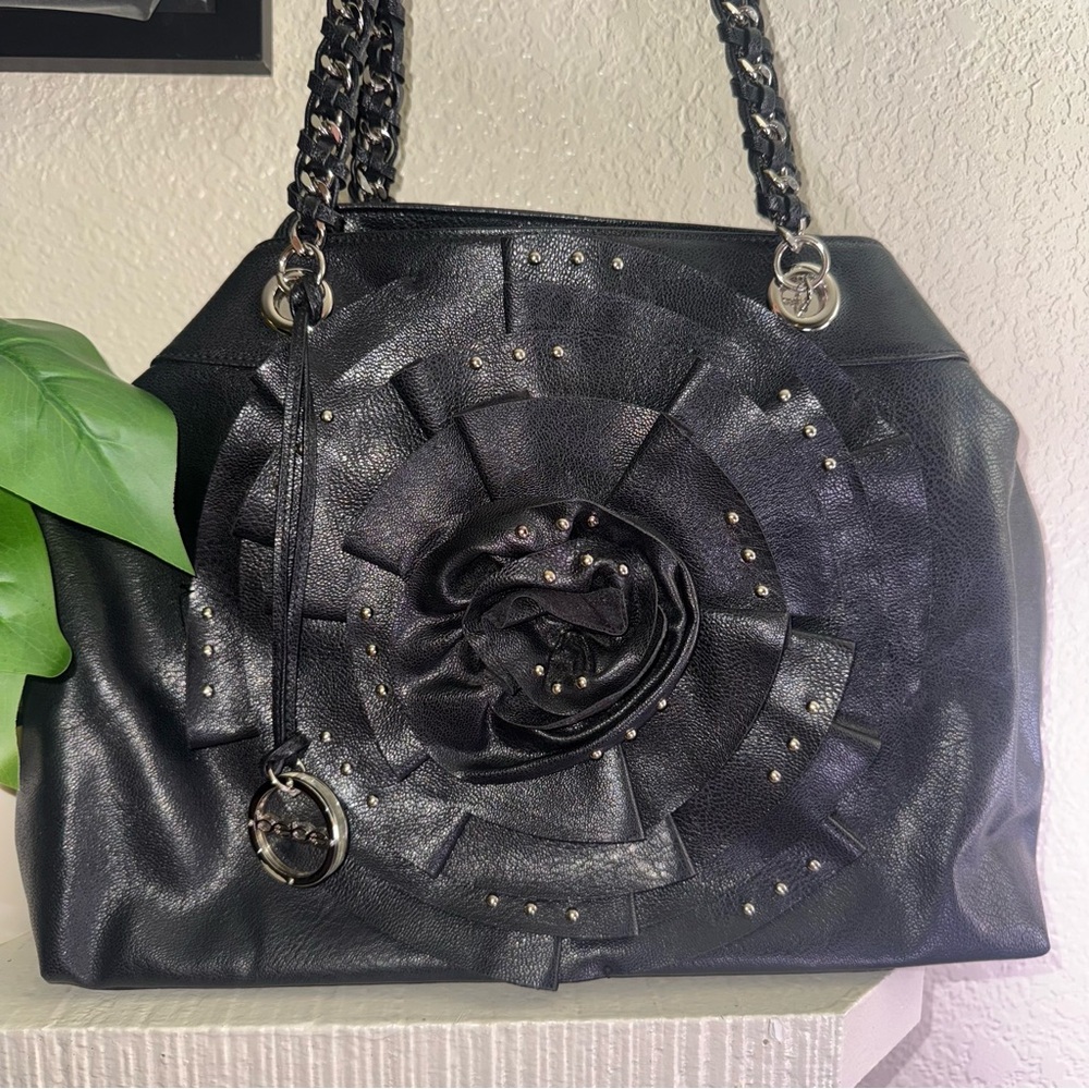 Y2K Black Rosette Hobo Bag 3d Flower Goth Black Shoulder Purse Silver Detailing